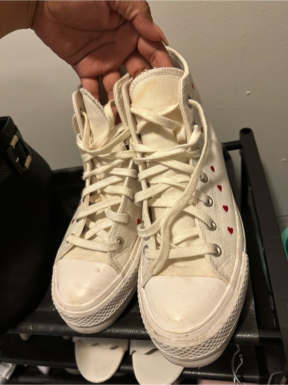 Converse Cream High-Top Sneakers with Red Heart Details